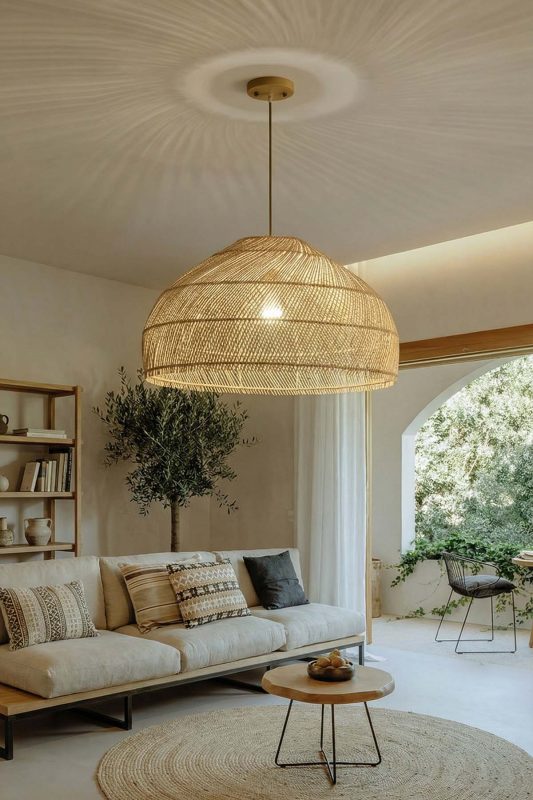 Japandi Living Room Natural Woven Rattan Pendant Light Soft Neutral Interior