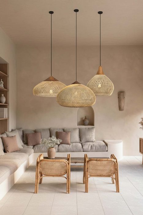 Japandi Living Room Triple Woven Rattan Pendant Lights Warm Neutral Interior