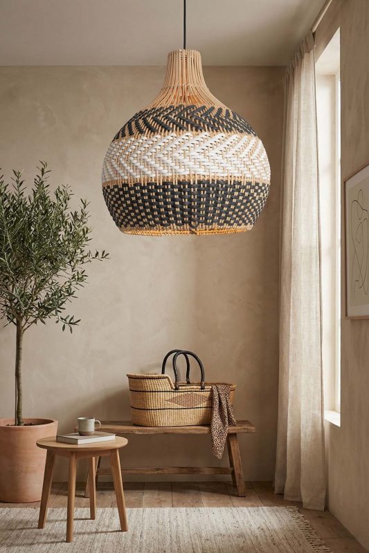 Japandi Living Room White And Black Woven Rattan Pendant Light Cozy Decor