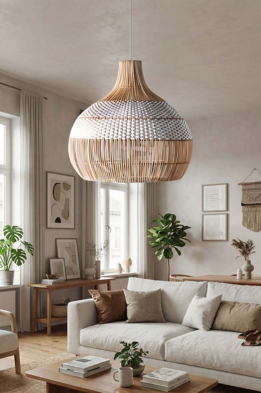 Japandi Living Room White And Natural Woven Rattan Pendant Light
