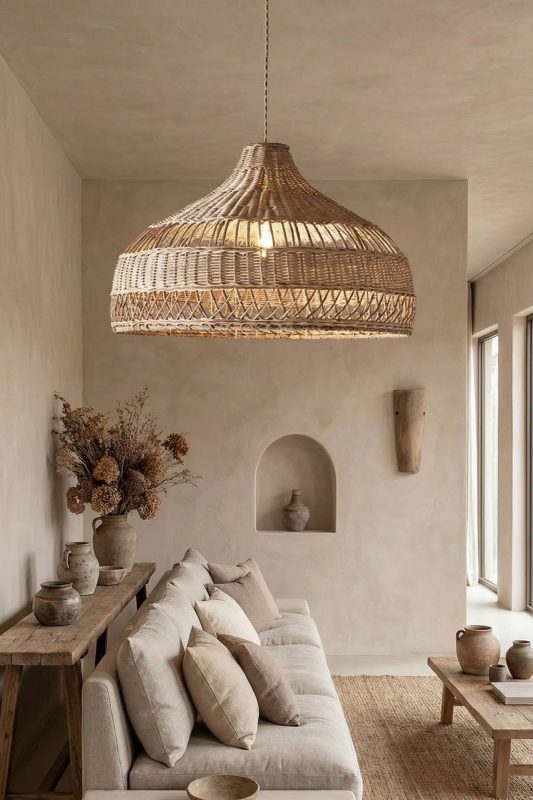 Japandi Living Room Wide Woven Rattan Pendant Light Neutral Minimalist Interior