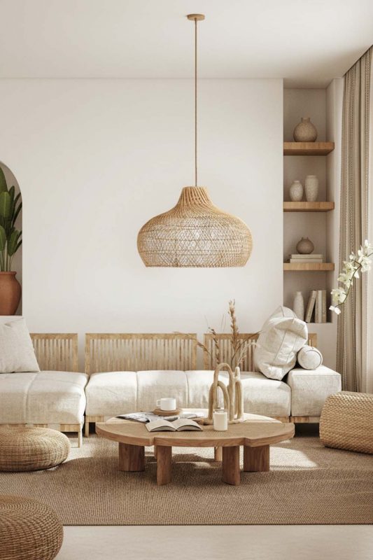 Japandi Living Room Wide Woven Rattan Pendant Light Warm Neutral Decor
