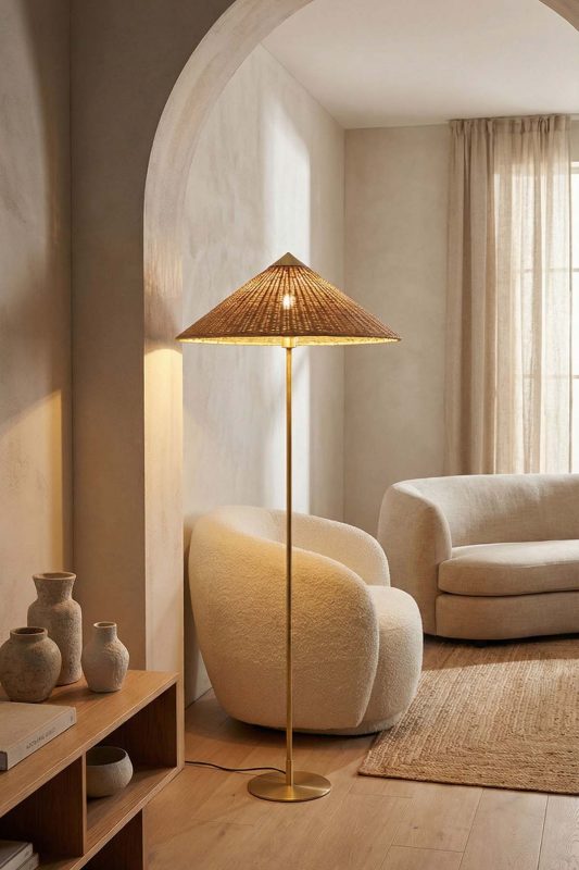 Japandi Living Room Woven Rattan Floor Lamp Arched Wall Interior