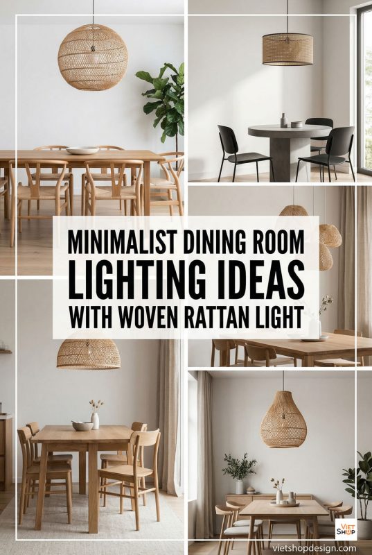 Minimalist Dining Room Lighting Ideas With Woven Rattan Light