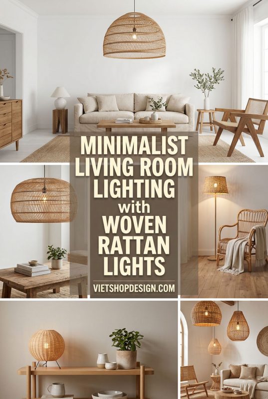 Minimalist Living Room Lighting Ideas With Woven Rattan Light