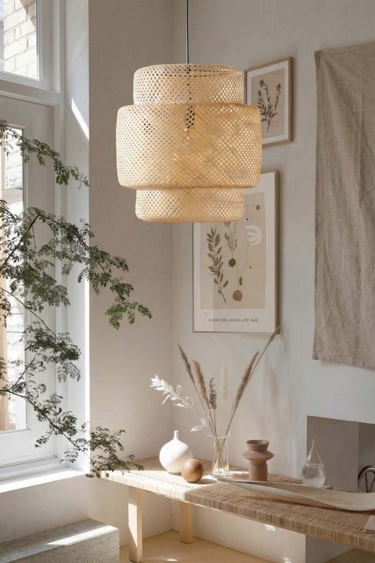Minimalist Living Room Natural Woven Rattan Pendant Light Spa Style Interior