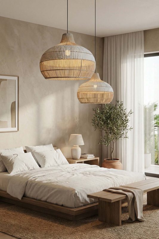 Minimalist Bedroom Layered Woven Rattan Pendant Lights Soft Neutral Interior