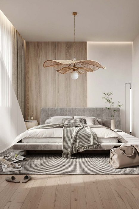 Minimalist Bedroom Petal Wooden Pendant Light Soft Neutral Interior