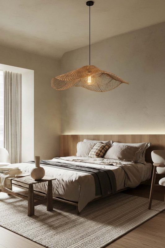 Minimalist Bedroom Rattan Lotus Leaf Pendant Lights Soft Warm Interior