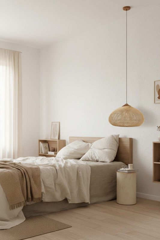 Minimalist Bedroom Single Woven Rattan Pendant Light Soft Bright Decor