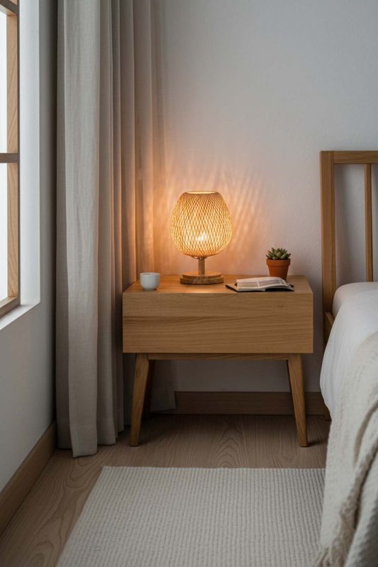 Minimalist Bedroom Small Woven Bedside Lamp Soft Neutral Decor