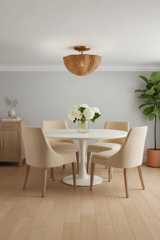 Minimalist Dining Area Small Woven Rattan Ceiling Light Bright Neutral Interior