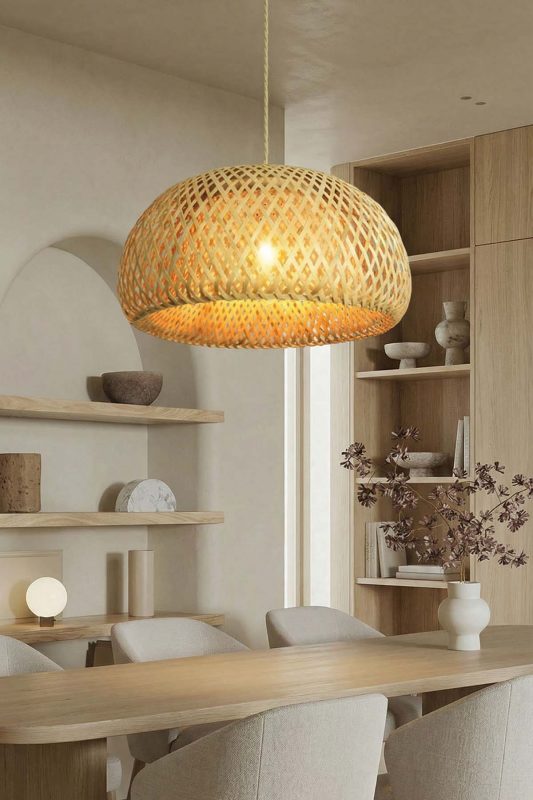 Minimalist Dining Room Dome Woven Rattan Pendant Light Wooden Shelf Decor