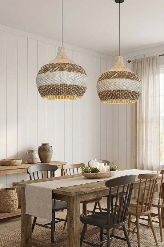 Minimalist Dining Room Double Natural Woven Rattan Pendant Lights Neutral Interior