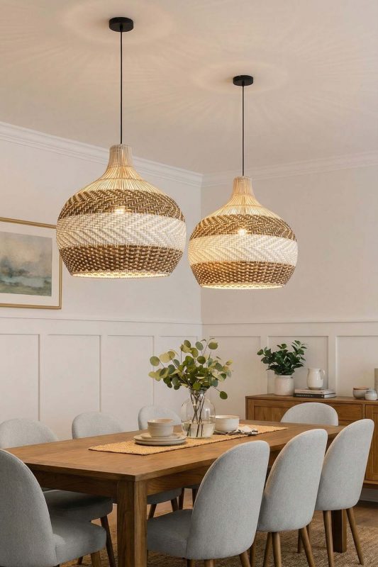 Minimalist Dining Room Double Natural Woven Rattan Pendant Lights Warm Interior
