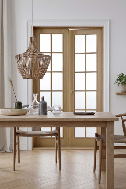 Minimalist Dining Room Geometric Woven Rattan Pendant Light Bright Neutral Decor