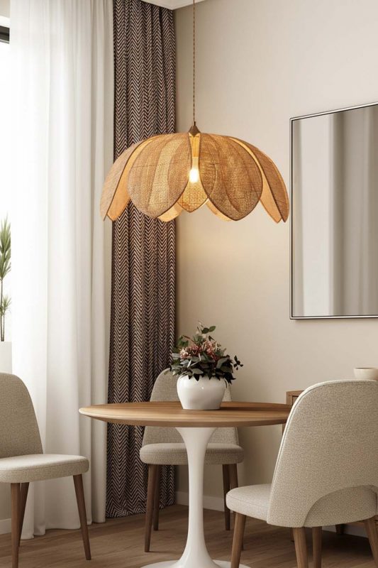 Minimalist Dining Room Petal Wooden Pendant Light Bright Curtain Interior