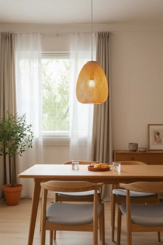 Minimalist Dining Room Single Woven Rattan Pendant Light Bright Window Interior