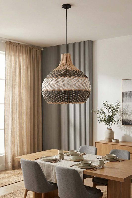 Minimalist Dining Room White And Black Woven Rattan Pendant Light Soft Interior