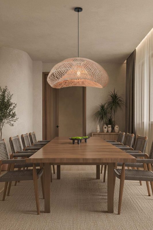 Minimalist Dining Room Wide Woven Rattan Pendant Light Clean Interior