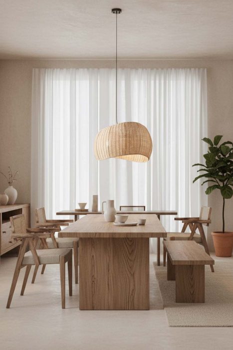 Minimalist Dining Room Wide Woven Rattan Pendant Light Soft Curtain Interior