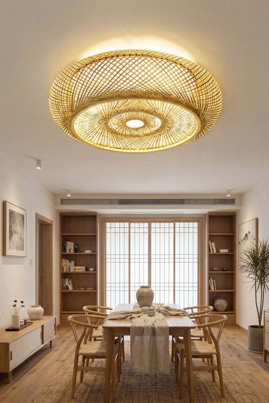 Minimalist Dining Room Woven Rattan Flush Mount Ceiling Light Warm Interior