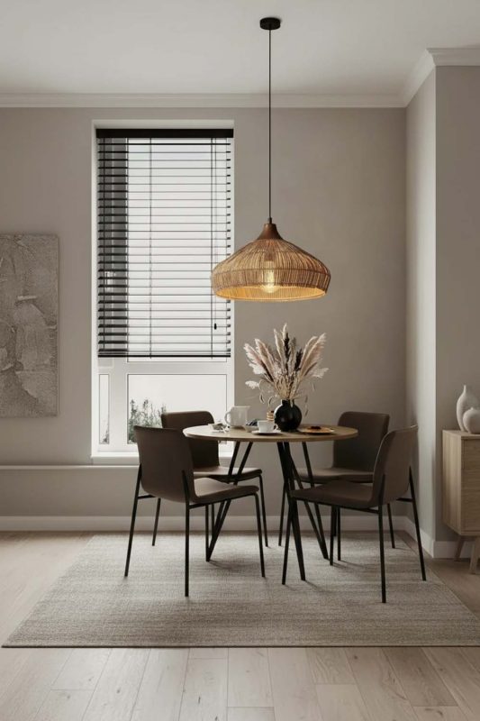 Minimalist Dining Room Woven Rattan Pendant Light Clean Neutral Interior