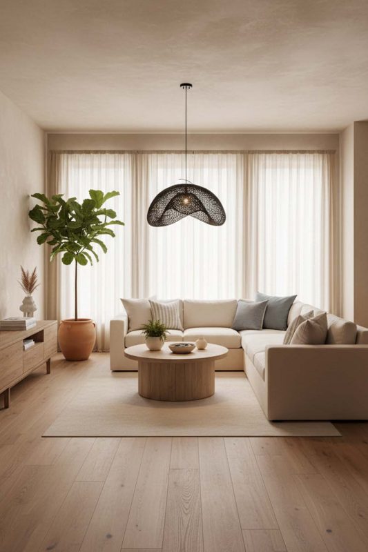 Minimalist Living Room Black Wing Shaped Woven Rattan Pendant Light Soft Neutral Interior