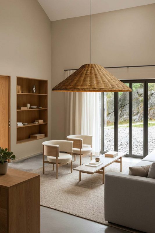 Minimalist Living Room Conical Woven Rattan Pendant Light Soft Ambient Interior