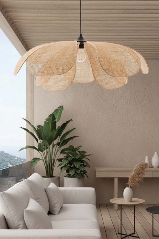 Minimalist Living Room Petal Wooden Pendant Light Soft Neutral Interior