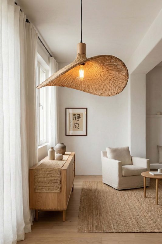 Minimalist Living Room Small Woven Rattan Pendant Light Window Side Interior
