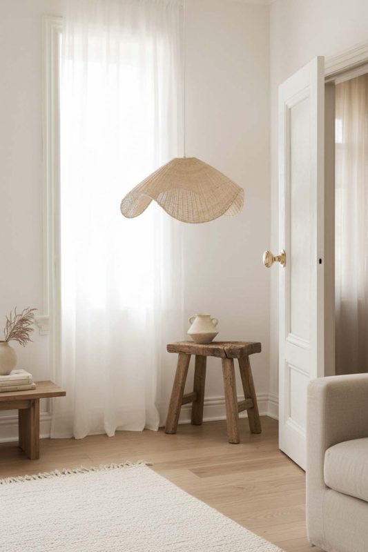 Minimalist Living Room Wing Shaped Woven Rattan Pendant Light Soft Neutral Interior