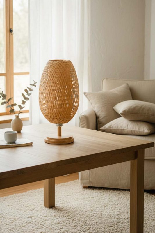 Minimalist Living Room Woven Bamboo Table Lamp Warm Neutral Interior