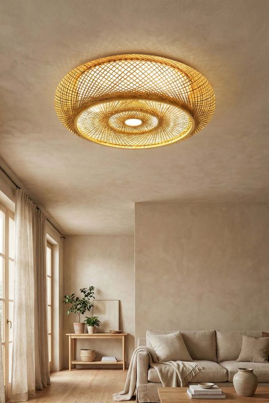 Minimalist Living Room Woven Rattan Flush Mount Ceiling Light Warm Interior