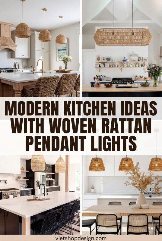 Modern Kitchen Ideas With Woven Rattan Pendant Lights