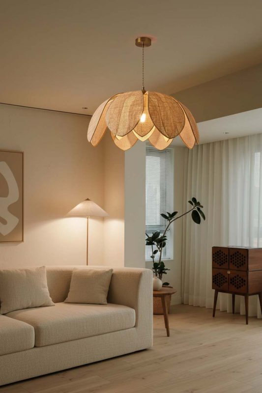 Modern Living Room Petal Wooden Pendant Light Soft Neutral Decor