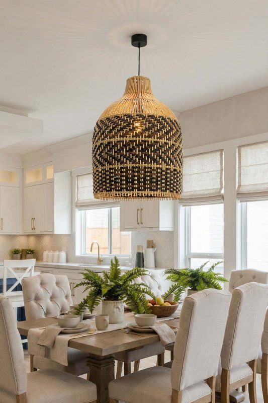 Modern Dining Room Black And Natural Woven Rattan Pendant Light Bright Interior