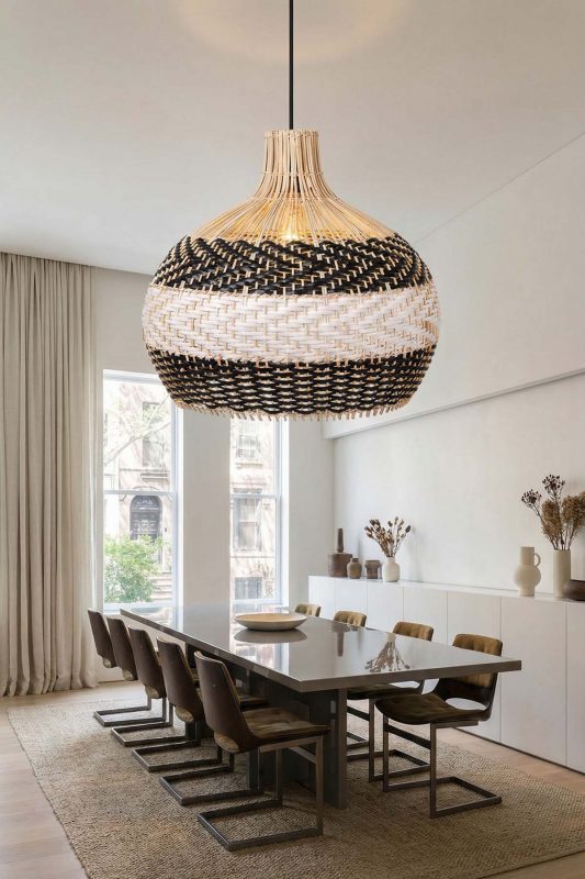 Modern Dining Room Black And Natural Woven Rattan Pendant Light Minimalist Interior