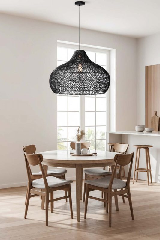 Modern Dining Room Black Woven Rattan Pendant Light Bright Window Interior
