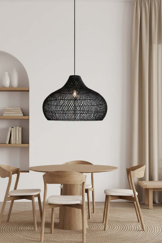 Modern Dining Room Black Woven Rattan Pendant Light Minimalist Interior