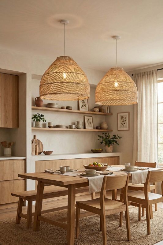 Modern Dining Room Double Natural Woven Rattan Pendant Lights Neutral Interior