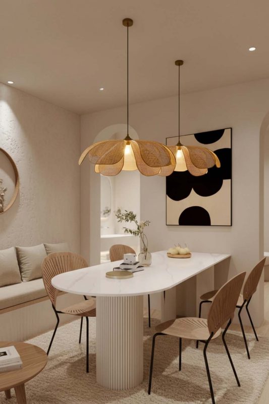 Modern Dining Room Double Petal Wooden Pendant Lights Minimalist Decor