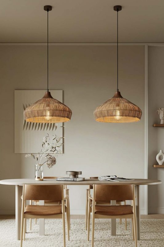 Modern Dining Room Double Woven Rattan Pendant Lights Soft Ambient Interior