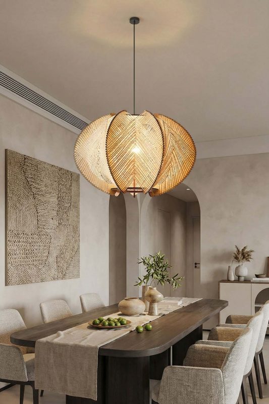 Modern Dining Room Layered Rattan Chandelier Long Wooden Table