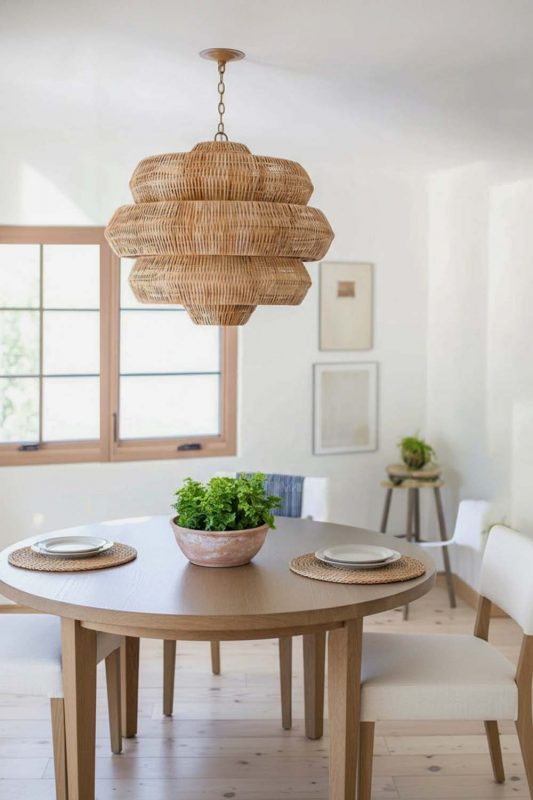 Modern Dining Room Layered Woven Rattan Chandelier Clean White Interior