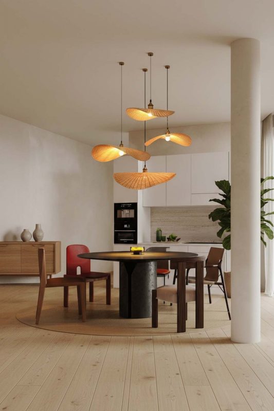 Modern Dining Room Sculptural Wooden Chandelier Minimalist Open Space Interior