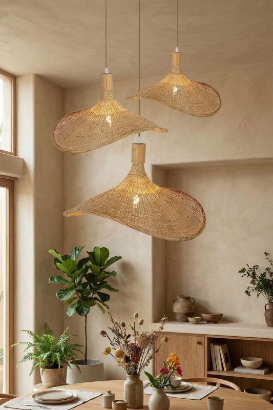 Modern Dining Room Sculptural Woven Rattan Pendant Light Organic Interior