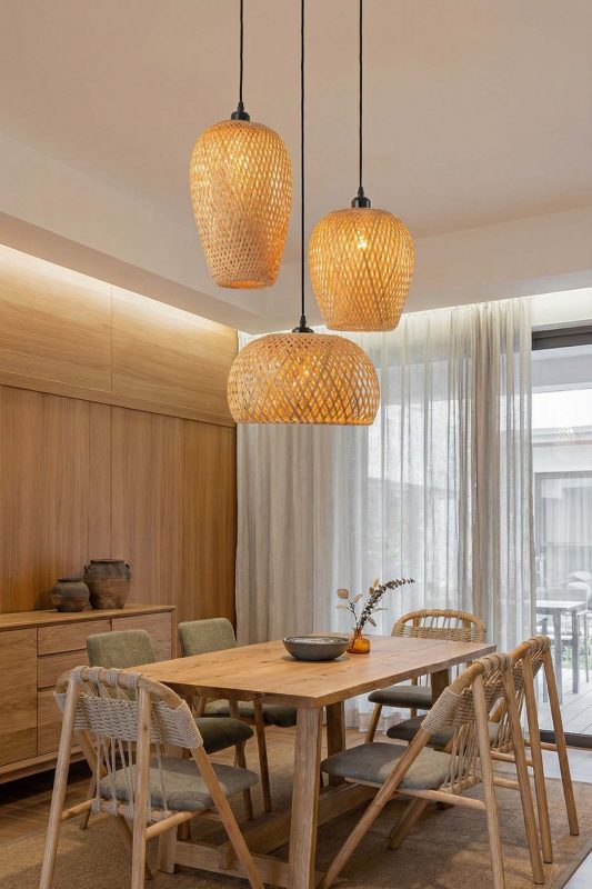 Modern Dining Room Triple Rattan Pendant Lights Wooden Table Interior