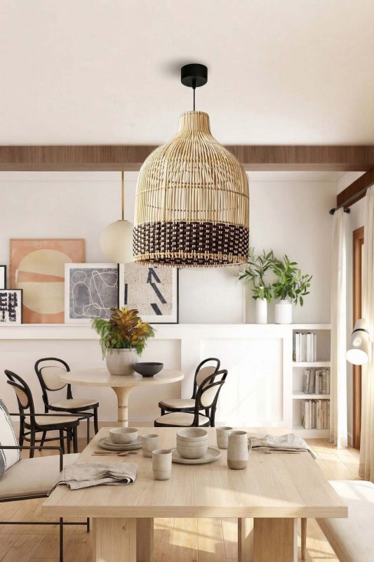 Modern Dining Room Two Tone Woven Rattan Pendant Light Black Accent