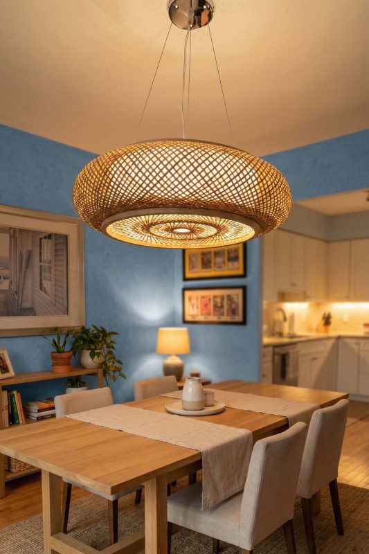 Modern Dining Room Wide Woven Rattan Pendant Light Blue Accent Wall